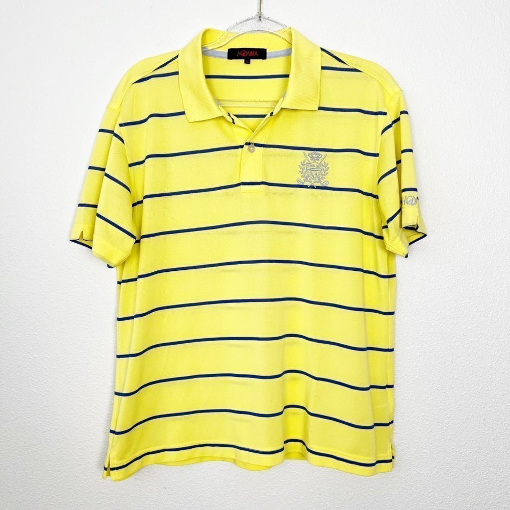 Honma Golf Japan Mens XL Yellow Blue Stripe Polo Shirt